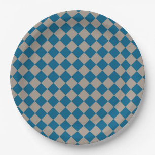 Blue Grey Chequered Diamond Pattern Paper Plate