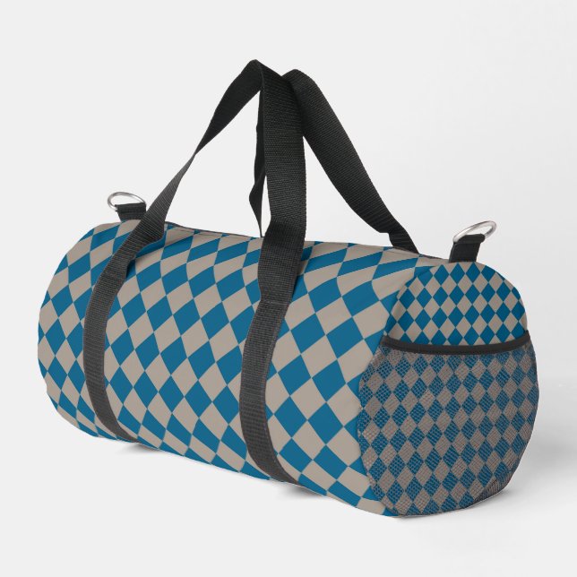 Blue Grey Chequered Diamond Pattern Small Duffle Bag (Right Corner)