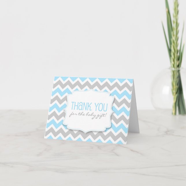 Blue Grey Chevron Baby Shower thank you notes (Front)