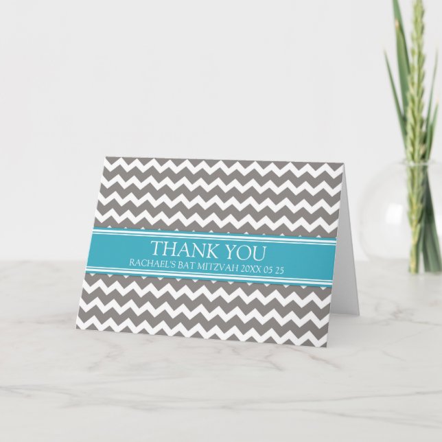 Blue Grey Chevron Bat Mitzvah Thank You Card (Front)