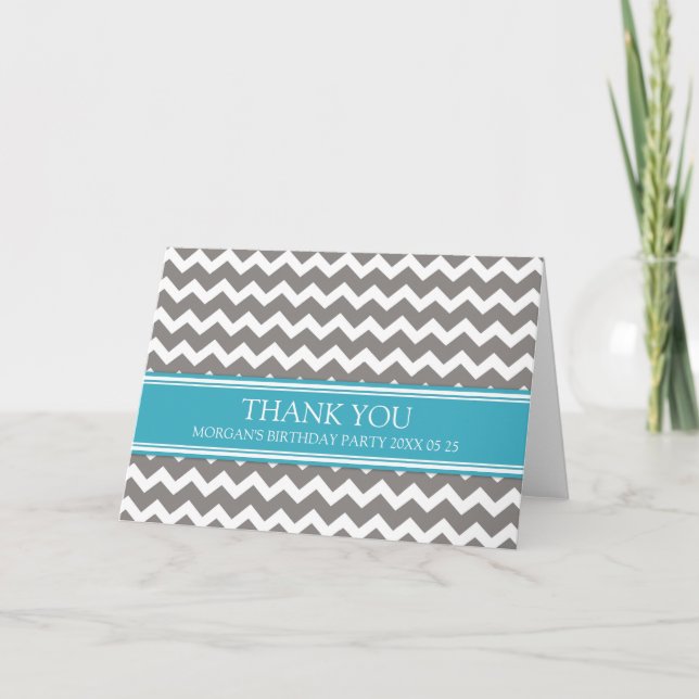Blue Grey Chevron Birthday Party Thank You Card (Front)
