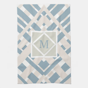 Blue Grey Chevron Geometric Design with Monogram Kitchen Towel