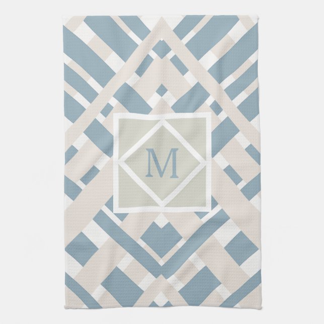Blue Grey Chevron Geometric Design with Monogram Kitchen Towel (Vertical)