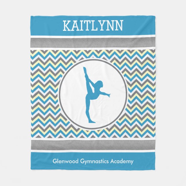 Blue / Grey Chevron Stripes Gymnastics w/ Monogram Fleece Blanket (Front)