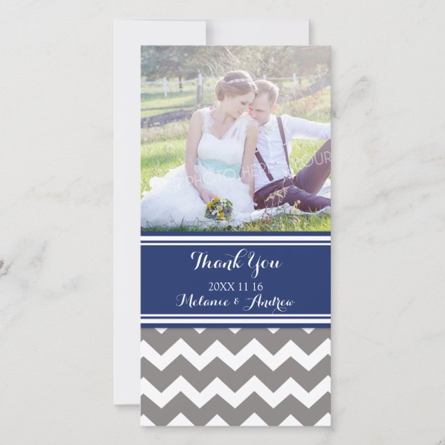 Blue Grey Chevron Thank You Wedding Photo Cards (Front)
