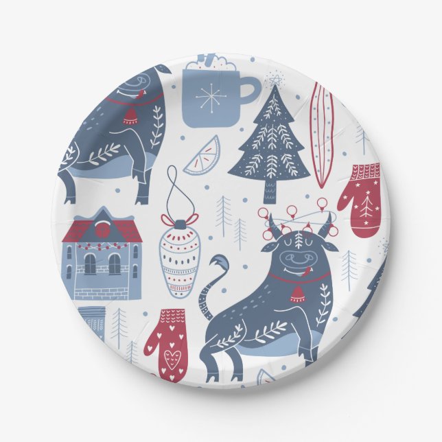 Blue Grey Christmas Elements Pattern  Paper Plate (Front)