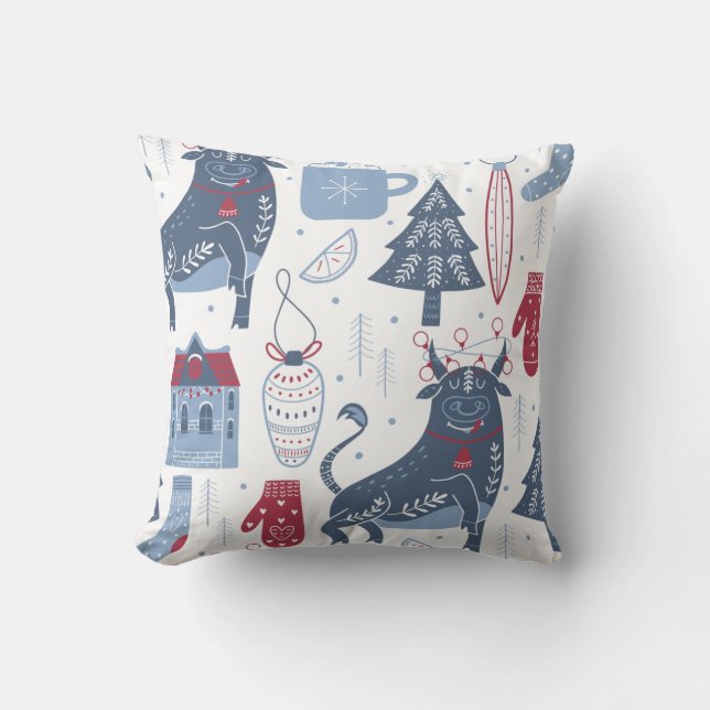 Blue Grey Christmas Elements Pattern  Throw Pillow (Front)