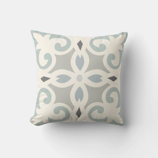 Blue, Grey & Cream Patterned Neutral Throw Pillow (Front)