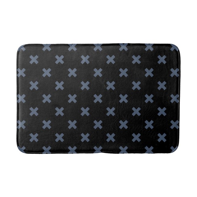 Blue-grey cross stitches on black bath mat (Front)