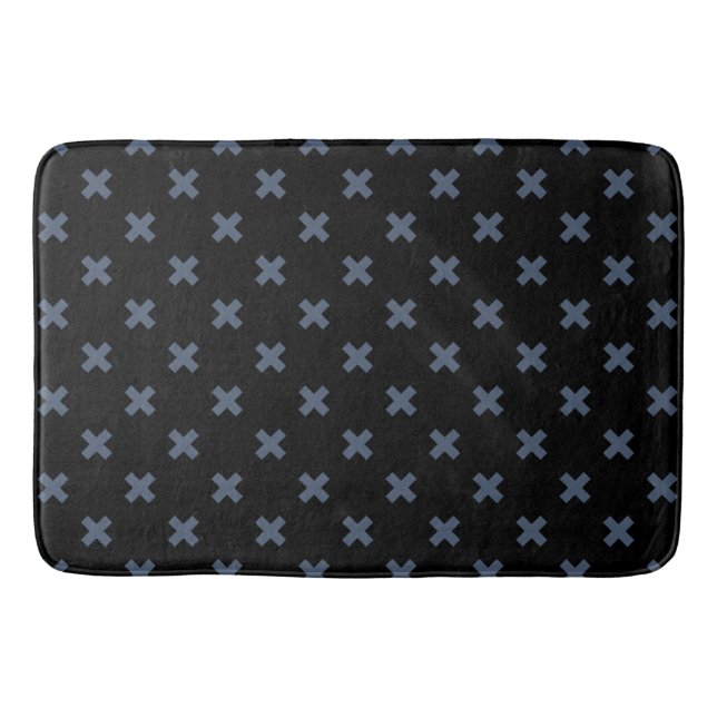 Blue-grey cross stitches on black bath mat (Front)