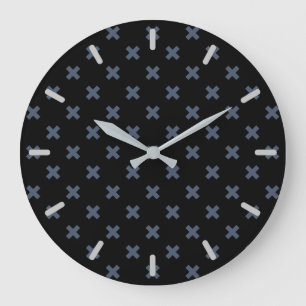 Blue-grey cross stitches on black large clock