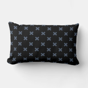 Blue-grey cross stitches on black lumbar pillow