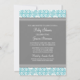 Blue Grey Damask Custom Baby Shower Invitations
