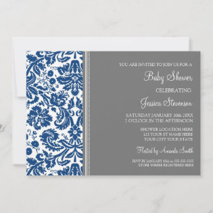 Blue Grey Damask Custom Baby Shower Invitations