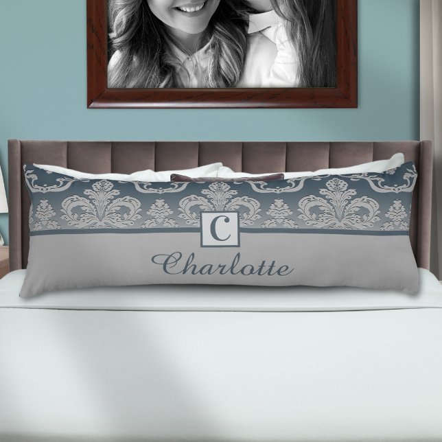  Blue Grey Damask Monogram Personalized Name  Body Pillow (Creator Uploaded)