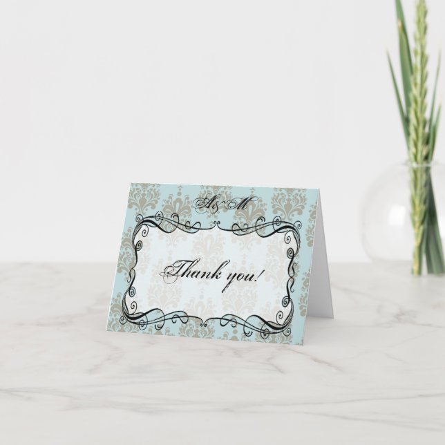Blue & Grey Damask Monogram Thank You Card (Front)