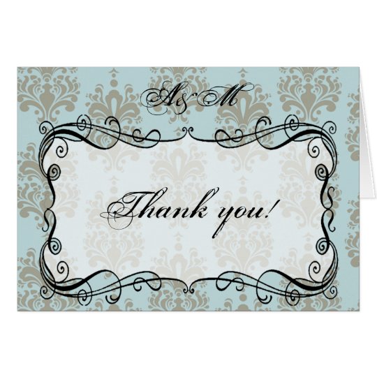 Blue & Grey Damask Monogram Thank You Card