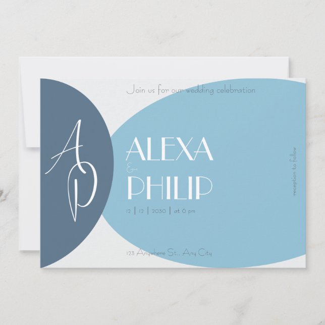 Blue, grey, dark blue modern elegant wedding invitation (Front)