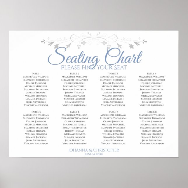 Blue & Grey Elegant 8 Table Wedding Seating Chart (Front)