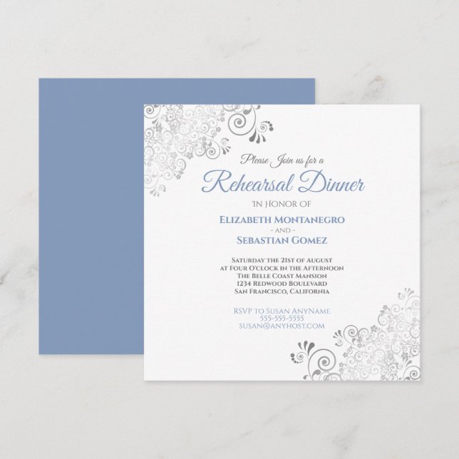 Blue Grey Elegant Wedding Rehearsal Dinner Invitation (Front/Back)