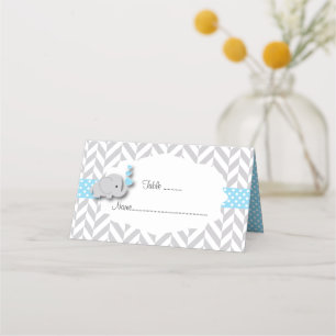 Blue & Grey Elephant Baby Shower   Doubled-Sided Place Card