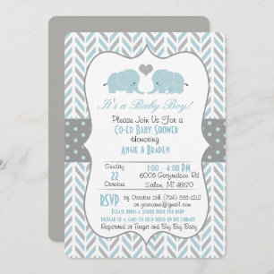 Blue Grey Elephant Baby Shower Invitation