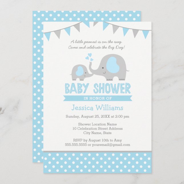 Blue Grey Elephant Baby Shower Invitations pour ga (Devant / Derrière)