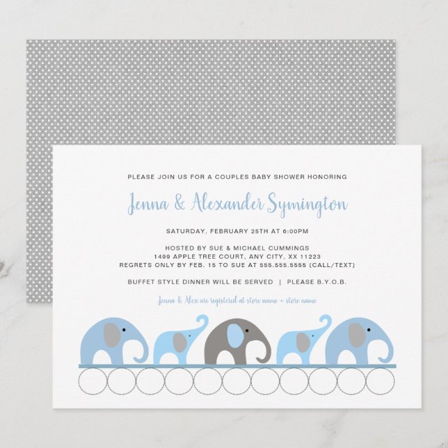 Blue Grey Elephant boy baby shower Invitation (Front/Back)