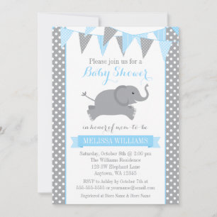Blue Grey Elephant Polka Dot Bunting Baby Shower Invitation