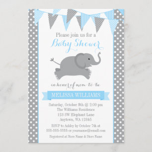 Blue Grey Elephant Polka Dot Bunting Baby Shower Invitation