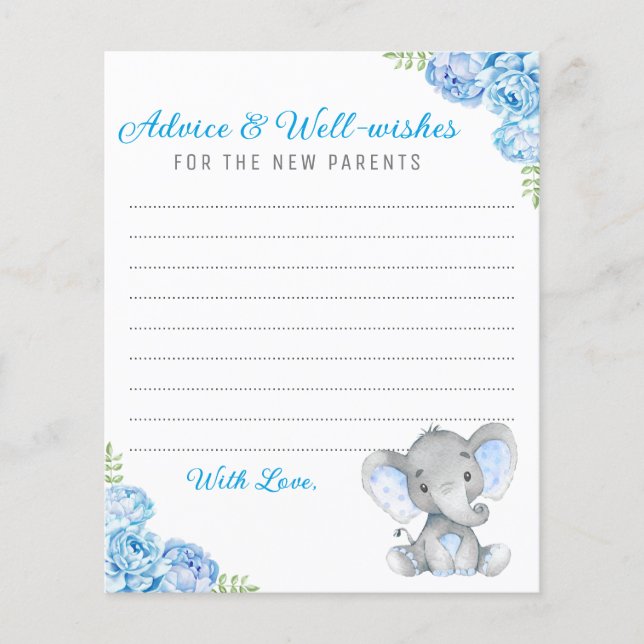 Blue Grey Elephant Shower New Parents Advice Cards (Front)