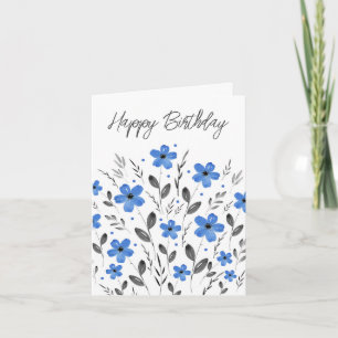 Blue Grey Five Petal Watercolor Floral Motif Card