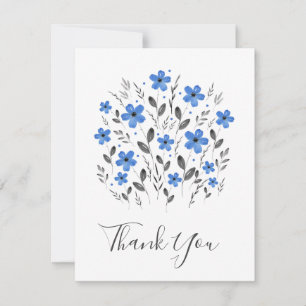 Blue Grey Five Petal Watercolor Floral Motif Thank You Card