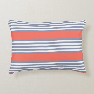 Blue-grey five stripe pattern with living coral accent pillow