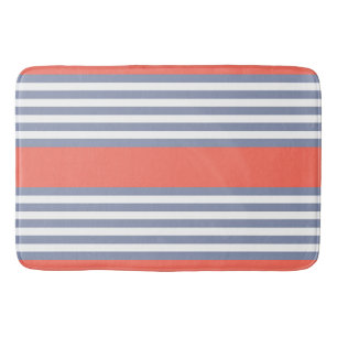 Blue-grey five stripe pattern with living coral bath mat