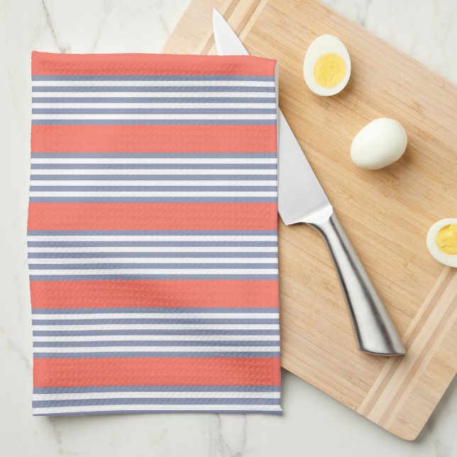Blue-grey five stripe pattern with living coral kitchen towel (Quarter Fold)