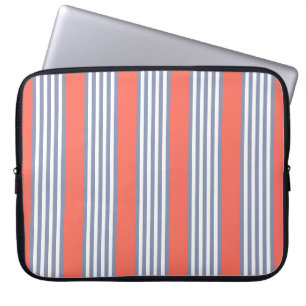 Blue-grey five stripe pattern with living coral laptop sleeve