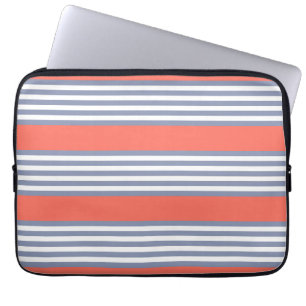 Blue-grey five stripe pattern with living coral laptop sleeve