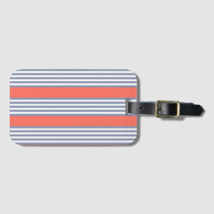 Blue-grey five stripe pattern with living coral luggage tag