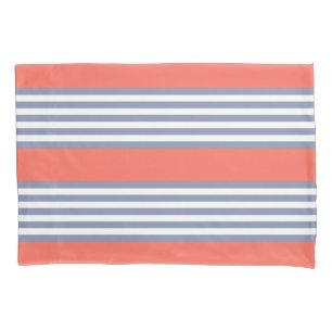 Blue-grey five stripe pattern with living coral pillowcase