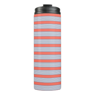 Blue-grey five stripe pattern with living coral thermal tumbler