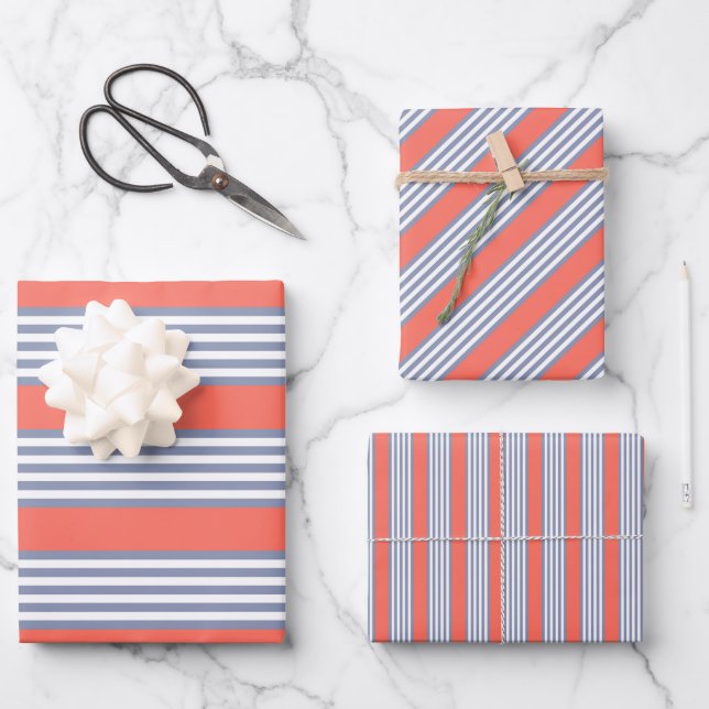 Blue-grey five stripe pattern with living coral wrapping paper sheet (Front)