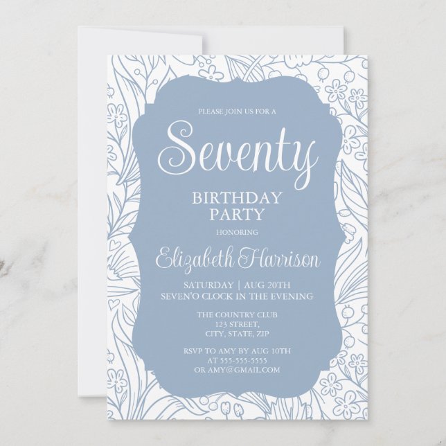 Blue Grey Flora Woman 70th Birthday Party Invitation (Front)