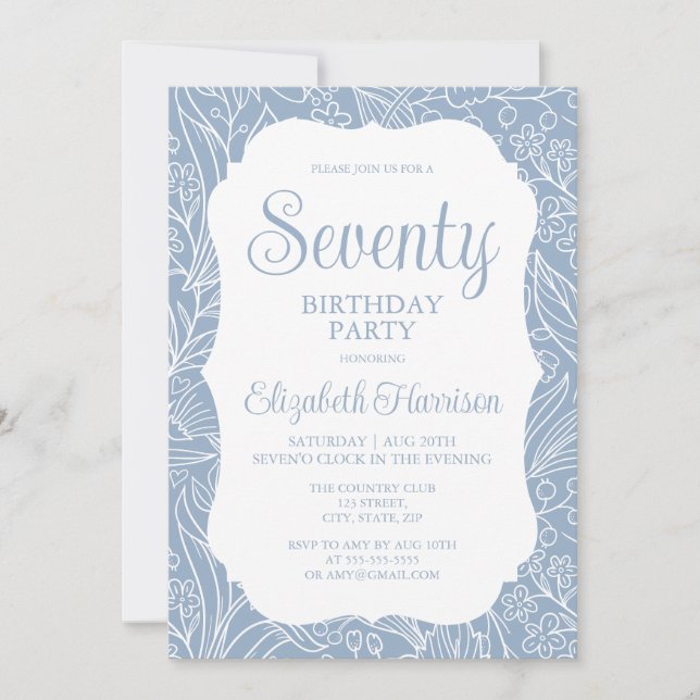 Blue Grey Flora Woman Seventy 70th Birthday Party Invitation (Front)