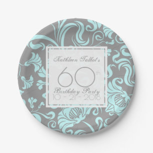 Blue Grey Floral 60th Birthday Party Paper Plate