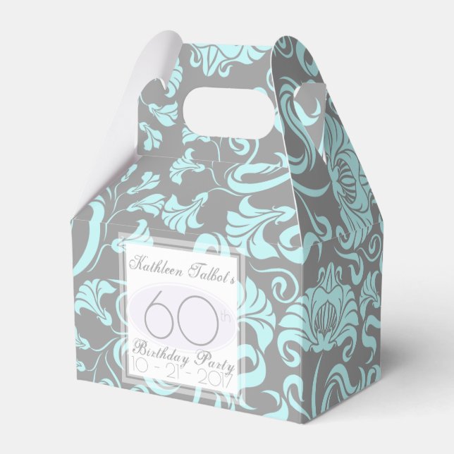 Blue Grey Floral 60th Birthday Thank You Favour Bo Favor Box (Front Side)