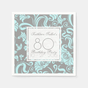 Blue Grey Floral 80th Birthday Party Paper Napkin