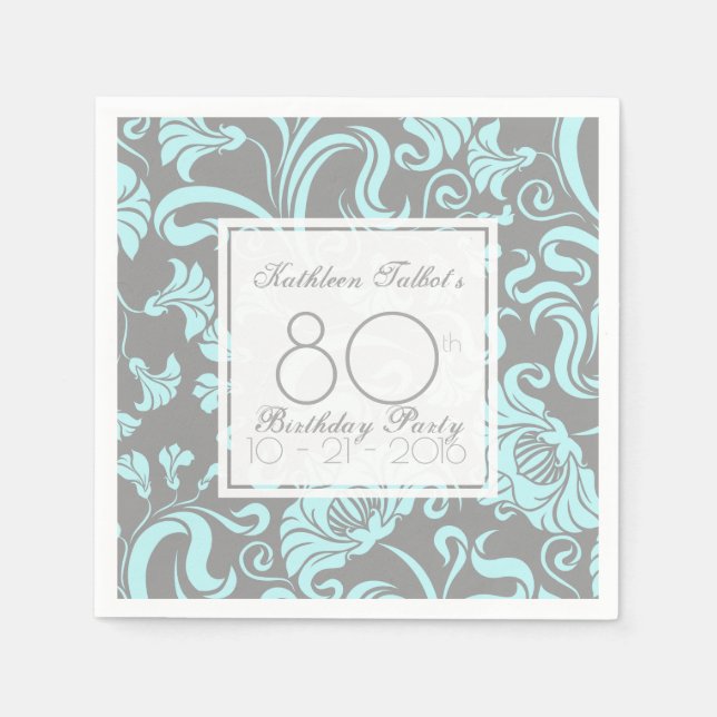 Blue Grey Floral 80th Birthday Party Paper Napkin (Front)
