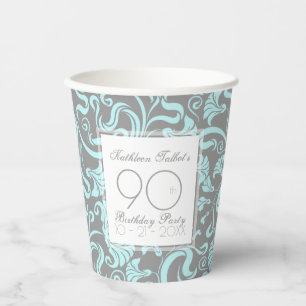 Blue Grey Floral 90th Birthday Party Paper Cup