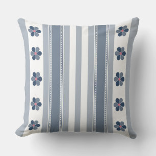 Blue Grey Floral and Stripes Throw Pillow